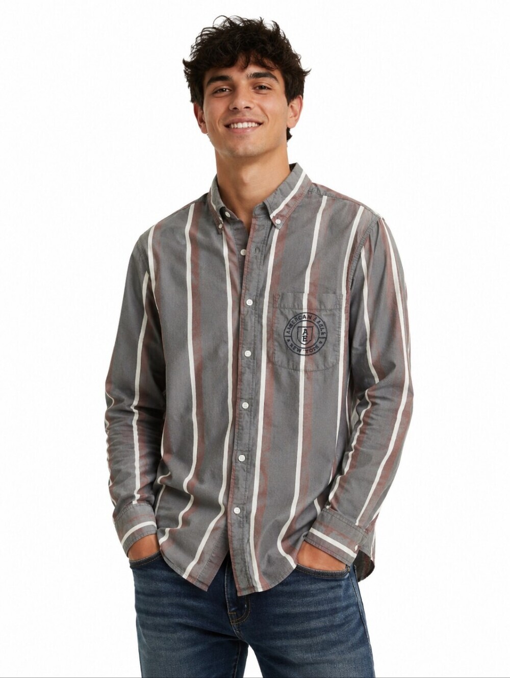 American Eagle Mens Stripe Long Sleeve Button Down Shirt Size Large Newyork Logo